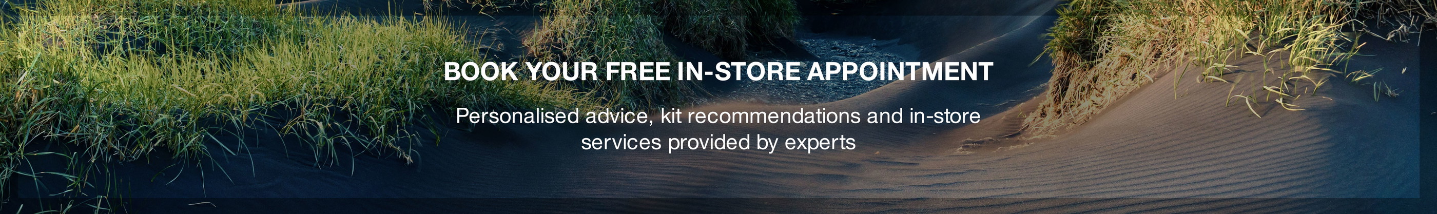 Book your free in-store appointment message on the sandy and grassy background.